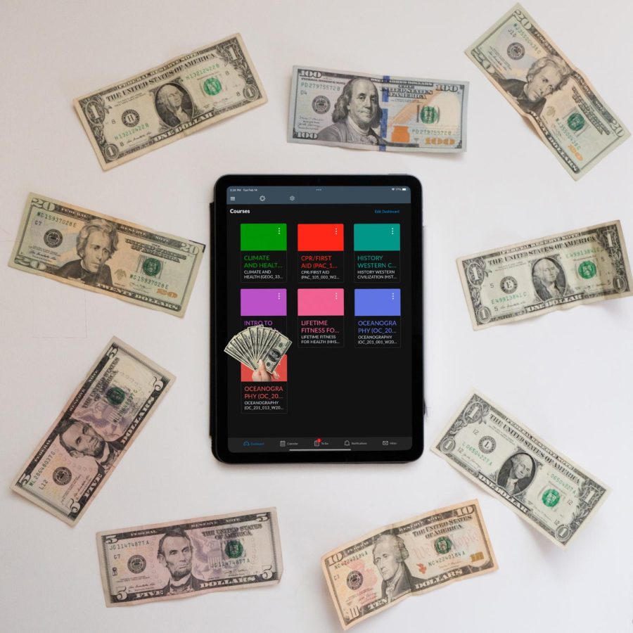 A photo illustration depicts an iPad with money surrounding it taken on Feb. 14. Ecampus classes are typically more expensive per credit than in-person classes for students who are Oregon residents, however, ecampus courses are cheaper per credit than in person classes for out of state students.