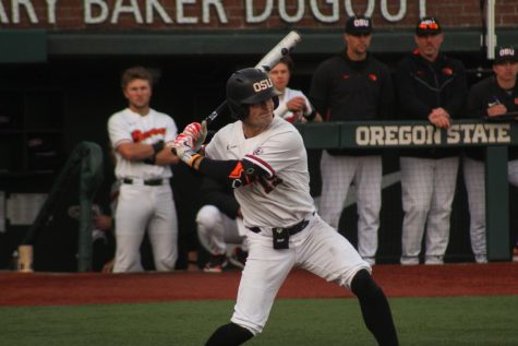 Kyle Dernedde swings at a pitch thrown by the Nevada Wolf Pack on March 14 at Goss Stadium in Corvallis. Dernedde had three at bats today resulting in three left on base assignments.