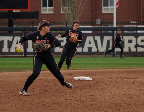 Oregon State softball player Grace Messmer plays shortstop at Kelly field on Saturday, March 18 in Corvallis, Ore. OSU challenged California and were defeated 15-6. 