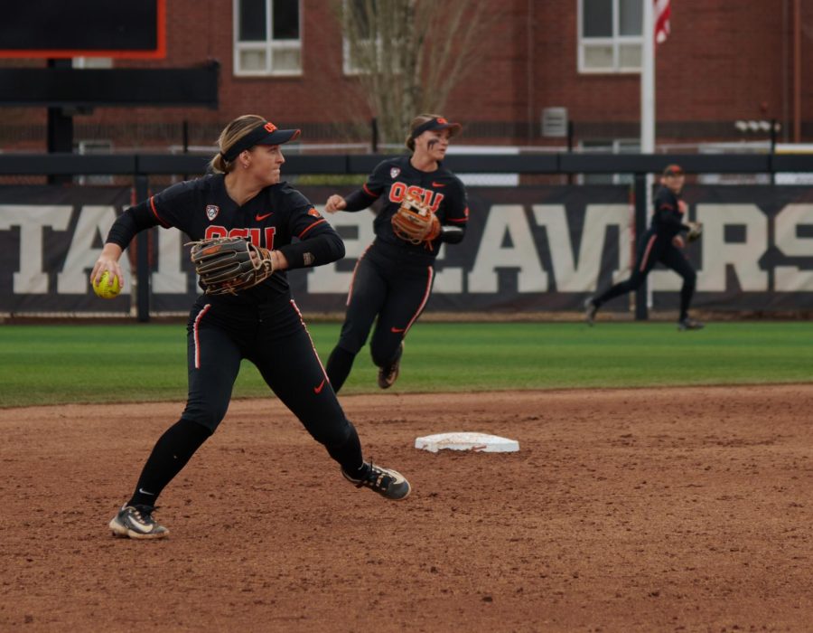 Oregon State softball player Grace Messmer plays shortstop at Kelly field on Saturday, March 18 in Corvallis, Ore. OSU challenged California and were defeated 15-6. 