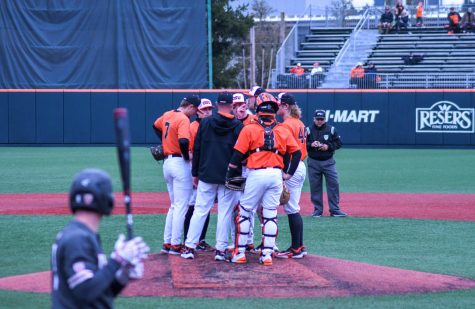 The Oregon State Beavers come together at a mound visit in hopes of regrouping in their last game against the Washington State Cougars at Goss Stadium on March 12