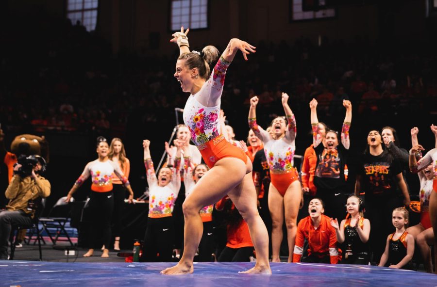 Madi Dagen celebrates her final floor routine in Gill Coliseum during a meet against Utah at Gill Coliseum on Saturday. Dagen recorded a 9.950 on the exercise.