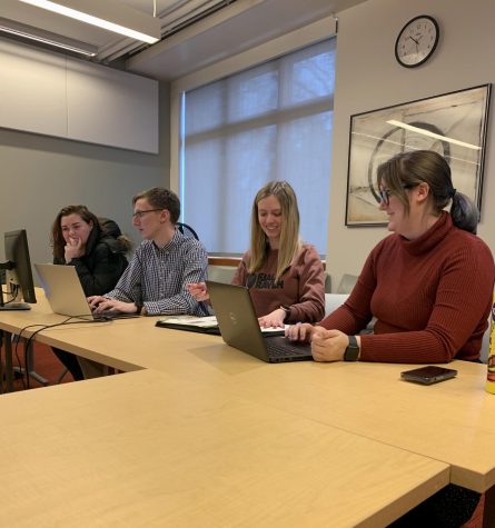 The ASOSU Elections committee (from left to right) Abby Miller, Ethan Hampton, Sydney Navas and Sierra Young at work counting elections votes on March 10. 