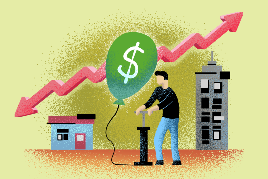 With recent fluctuations of inflation, it has affected how consumers support businesses. This illustration depicts a balloon with a dollar sign being pumped along with arrows indicating growth for larger businesses while smaller businesses decline.