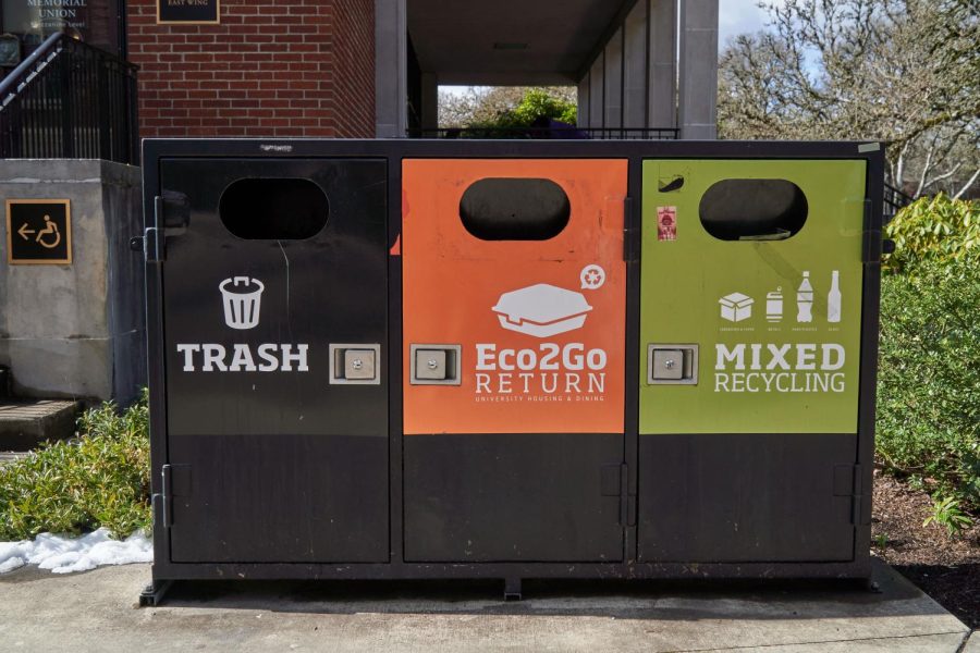 An Eco2Go container drop-off outside of the MU on February 28, 2023. After complaints of the renewed Eco2Go containers piling up everywhere except their marked drop zones, these areas now sit empty. 