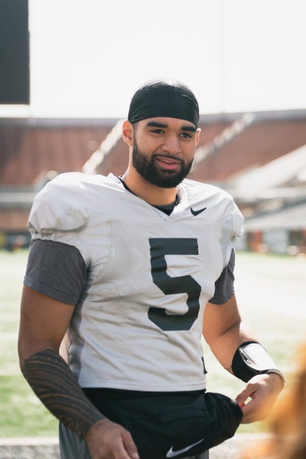 DJ Uiagalelei is seen speaking with the media following a March spring practice inside of Reser Stadium. Uiagalelei is a transfer from Clemson University and a former 5-star.