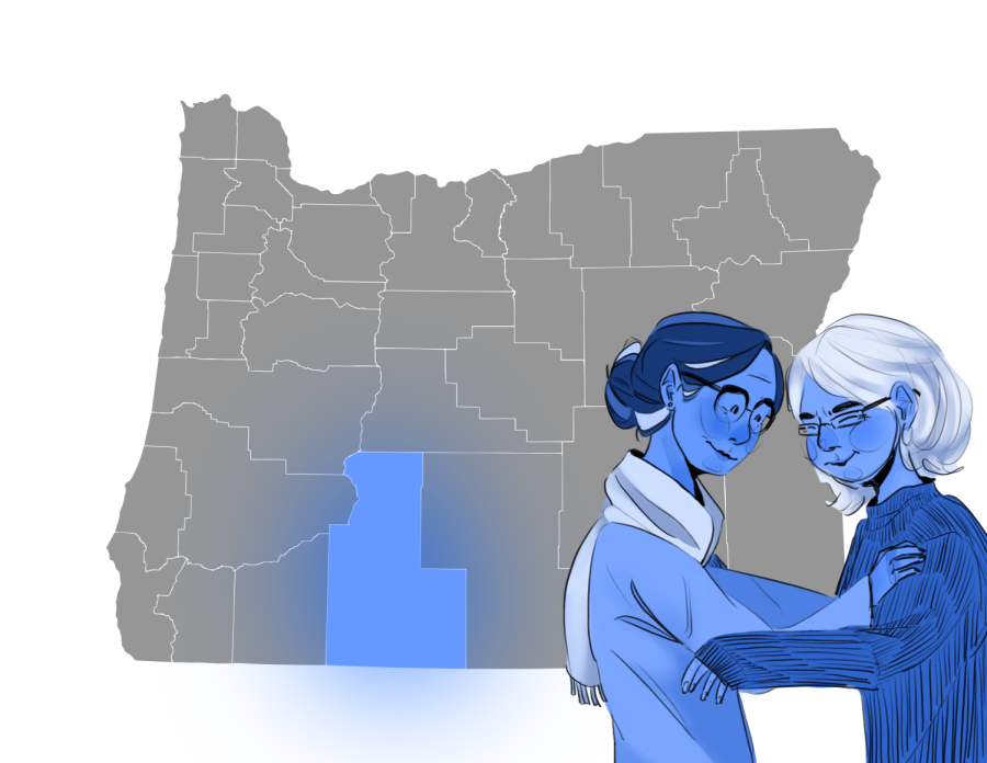 An elderly couple to the side of a map of Oregon, with Klamath County highlighted in blue to represent its Blue Zone status. The unofficial term of a blue zone means that the area has a high quality of life resulting in residents in the area living longer lives. 