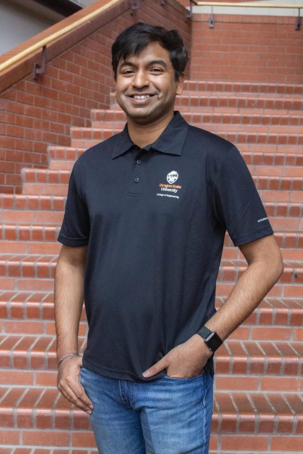Researcher Dr. Pavan Akula (he/him) poses for a photo on March 24 on Oregon State University’s campus in Corvallis. A $540,000 grant was awarded to Dr. Akula and his team that would span three years, awarded upon proposal of a new carbon sequestration method.