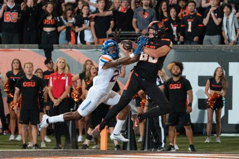 Tight end Luke Musgrave leaps into the air to connect on a seam route down the left sideline which resulted in a touchdown or the Beavers against Boise State on Sept. 3, 2022. Musgrave is the only Oregon State tight end who has been drafted this early in the NFL Draft.