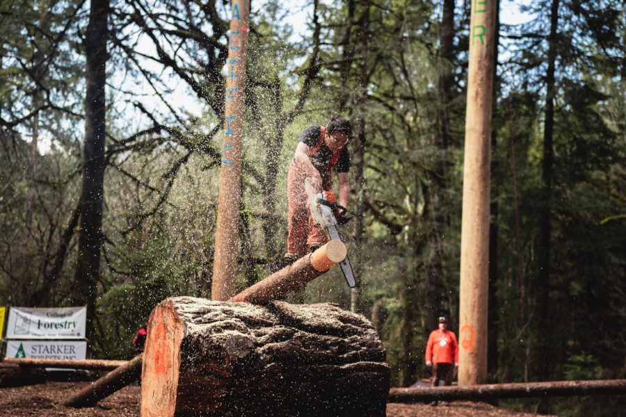 Ryan (last name unavailable) from Colorado State University competes at the 2023 Oregon State University Logging Conclave at Peavy Arboretum on Apr. 14 just outside of Corvallis. This year marks the 83rd annual AWFC conclave event hosted by the college of forestry.