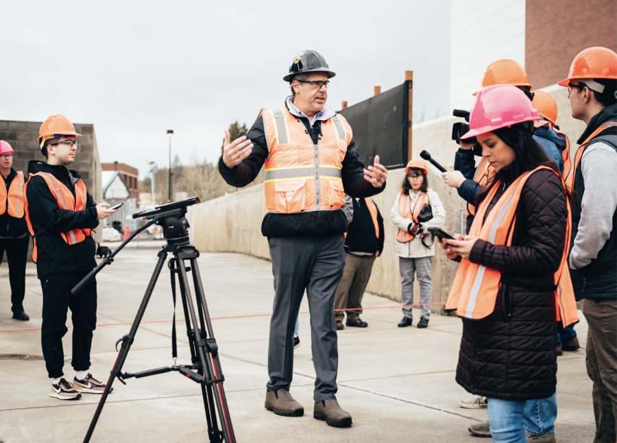 Oregon State Athletics Vice President and Director of Intercollegiate Athletics Scott Barnes walks members of the Oregon State media through the construction site of Reser Stadium on Jan. 17. Barnes has been the Athletic Director For Oregon State since 2016.