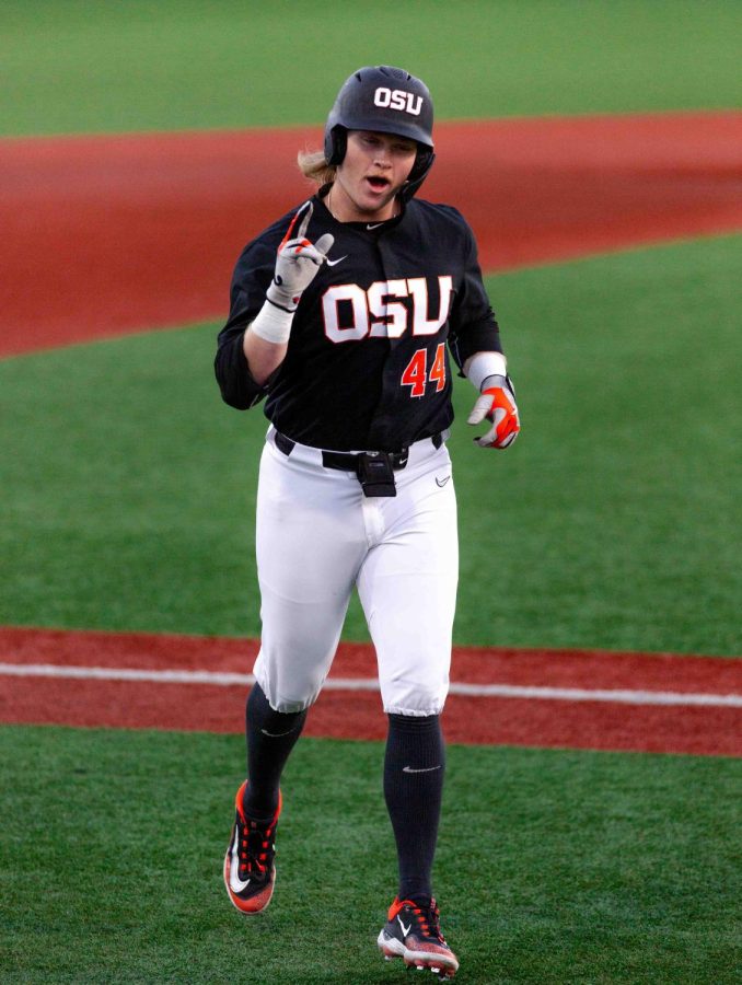 Garret+Forrester+%28%2344%29+cheers+while+on+his+way+back+to+the+dugout+during+the+sixth+inning+at+Goss+Stadium+on+April+11.+Oregon+State+University+swept+their+PAC-12+opponent+University+of+Arizona+this+weekend.