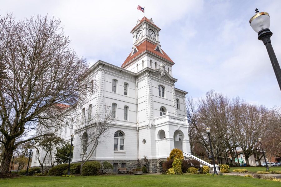 A photo illustration of Corvallis City Hall, photo taken on March 14.