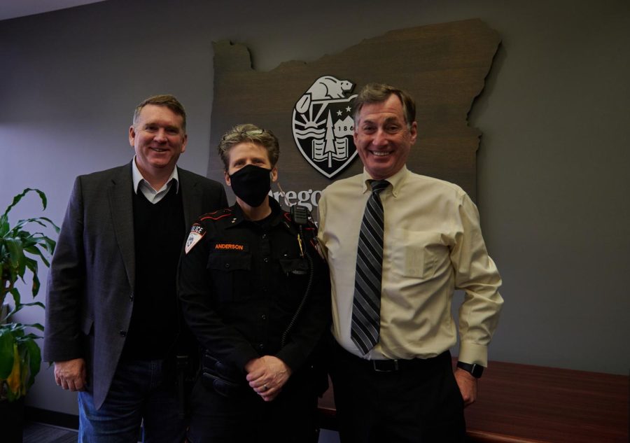 Shanon Anderson, Steve Clark, and Paul Odenthal pose together in Corvallis, Ore on Friday, April 21. The trio spoke on Friday about what to do in the case of an active threat on the Oregon State campus. 