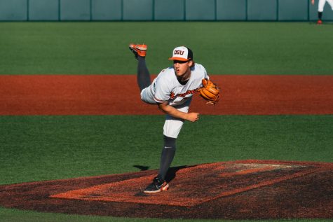 Rhett Larson pitches against the University of Portland Pilots in a non-conference matchup on Tuesday at Goss Stadium in Corvallis. Larson surrendered three earned runs in his 1.2 innings of work.