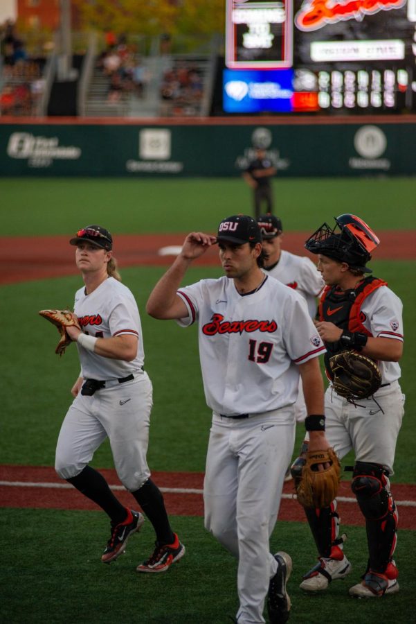 First baseman Garret Forrester (left), pitcher AJ Lattery (middle), and catcher Tanner Smith (right) make their way back to the dugout following the conclusion of their half-inning against Western Carolina on May 20. The Beavers will make their way down to Baton Rouge this week and have their first game against Sam Houston.