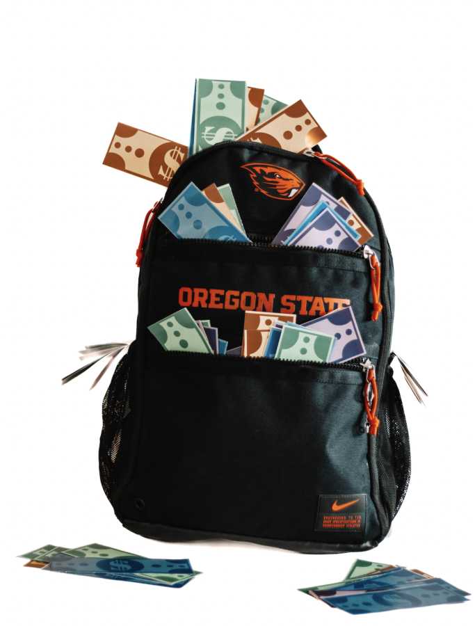 A photo illustration of an Oregon State athletics backpack filled with fake cash taken on April 21 in Corvallis. 