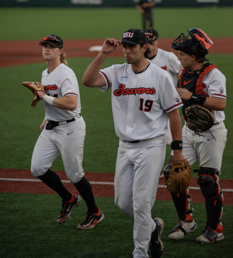 First baseman Garret Forrester (left), pitcher AJ Lattery (middle), and catcher Tanner Smith (right) make their way back to the dugout following the conclusion of their half-inning against Western Carolina on May 20. The Beavers will make their way down to Baton Rouge this week and have their first game against Sam Houston.