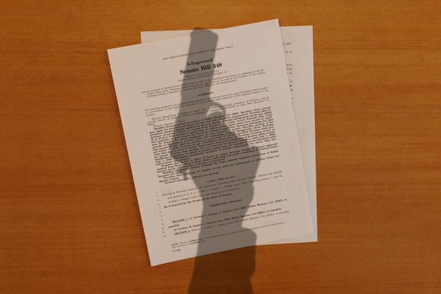A photo illustration of a newly passed Oregon Senate Bill with a shadow of an arm holding a gun created on April 25. Senate Bill 348 modifies firearm permit restrictions from Ballot Measure 114 (2022).