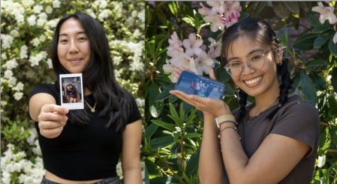 (Left) Kaily Trinidad (she/her), a biohealth sciences major at Oregon State, shows an photo of her and her mom on May 12 next to the MU Quad.  Kaily said, “In high school, I kind of chased that feeling of wanting to be off the Little Rock… And I didn’t realize how much I was gonna miss it”. 
Jeanell Brandonill (she/her), a public health major at Oregon State, poses with a photo of her family on May 12 next to the MU quad. Jeanell said, “Coming to OSU, and living on your own, it’s a whole different type of independence.”