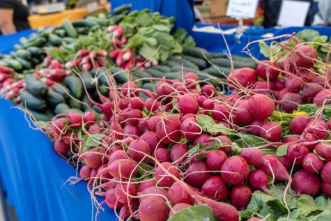 A collection of radishes and cucumbers at the Corvallis farmers market on May 20 in downtown Corvallis. The business centers are intended to help small and mid-sized producers succeed in local and regional markets, according to Lauren Gwin.