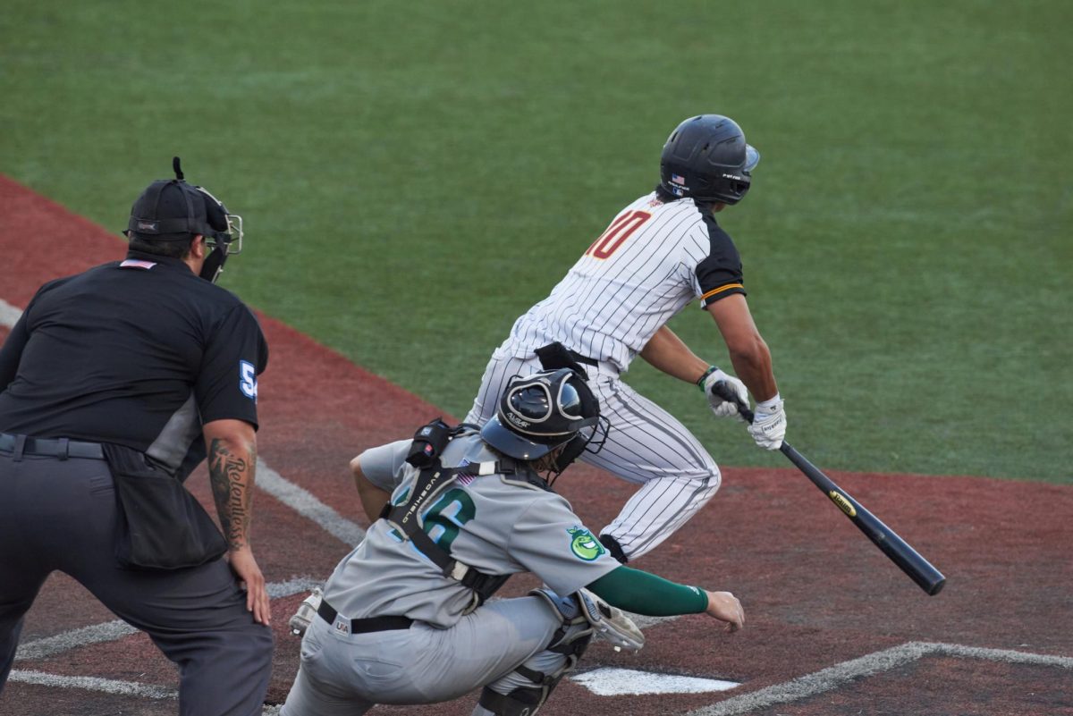 Tate Shimao, #10 of the Knights, up to bat in the bottom of the fifth inning during the Knights vs. Pippins game on July 26. The Corvallis Knights earned a 5-4 victory over the Yakima Valley Pippins.
