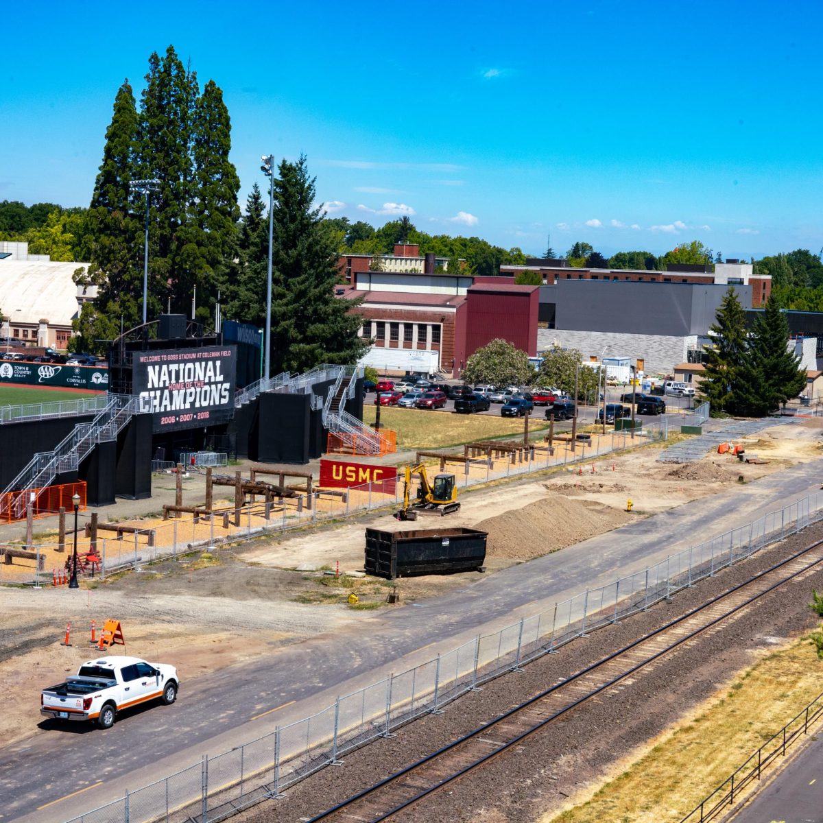 Photograph of the construction of the Oregon State University Baseball Hitting Facility near Goss Stadium, photographed on July 12 in Corvallis. The new baseball hitting facility is set to be around 9,600 square feet with a new mezzanine level, batting cages, meeting rooms and weight room.