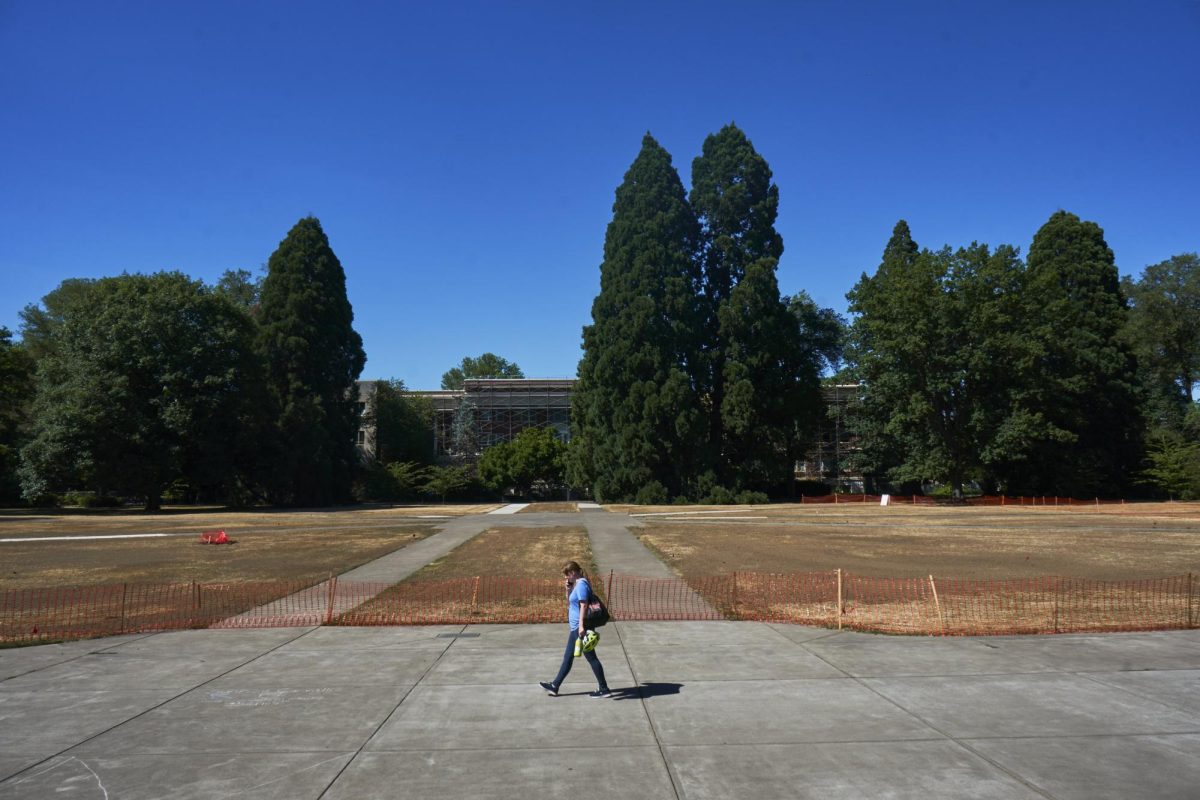 Someone walking through campus, in front of the closed Memorial Union Quad on July 25, in Corvallis. The grass in the Quad has been shaved down, and grass seeded.
