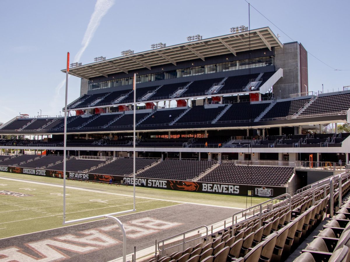 The newly constructed west side of Reser Stadium, as seen from the terrace on the North side of Reser Stadium on August 8, 2023. The stadium used over 2,000 tons of structural steel in the construction of the west side of Reser Stadium.