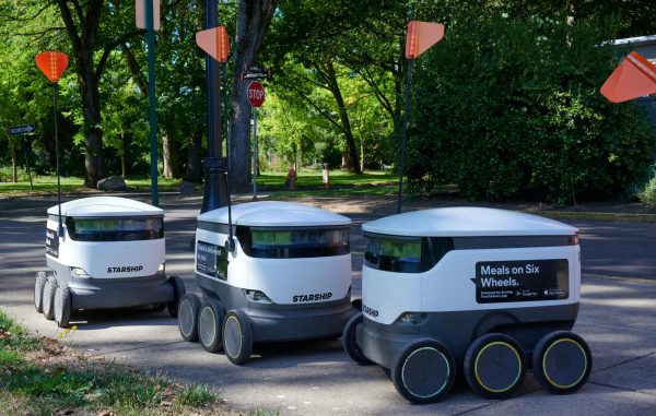 Oregon State University’s Starship delivery robots wait for food on Sept. 6.
