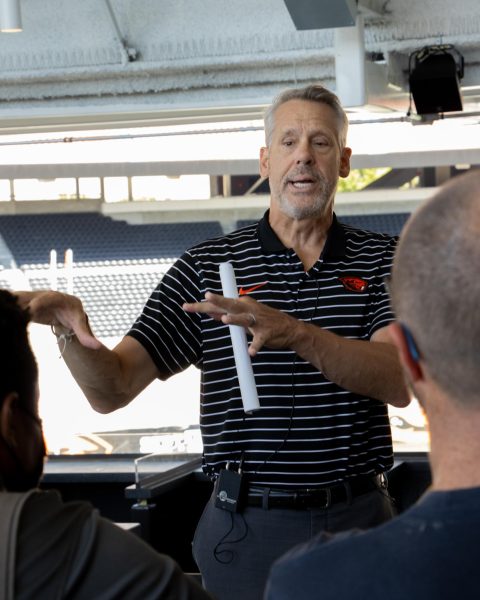 Oregon State Vice President and Athletic Director Scott Barnes speaks to the media about the newly constructed west side of Reser Stadium on August 8, 2023.
