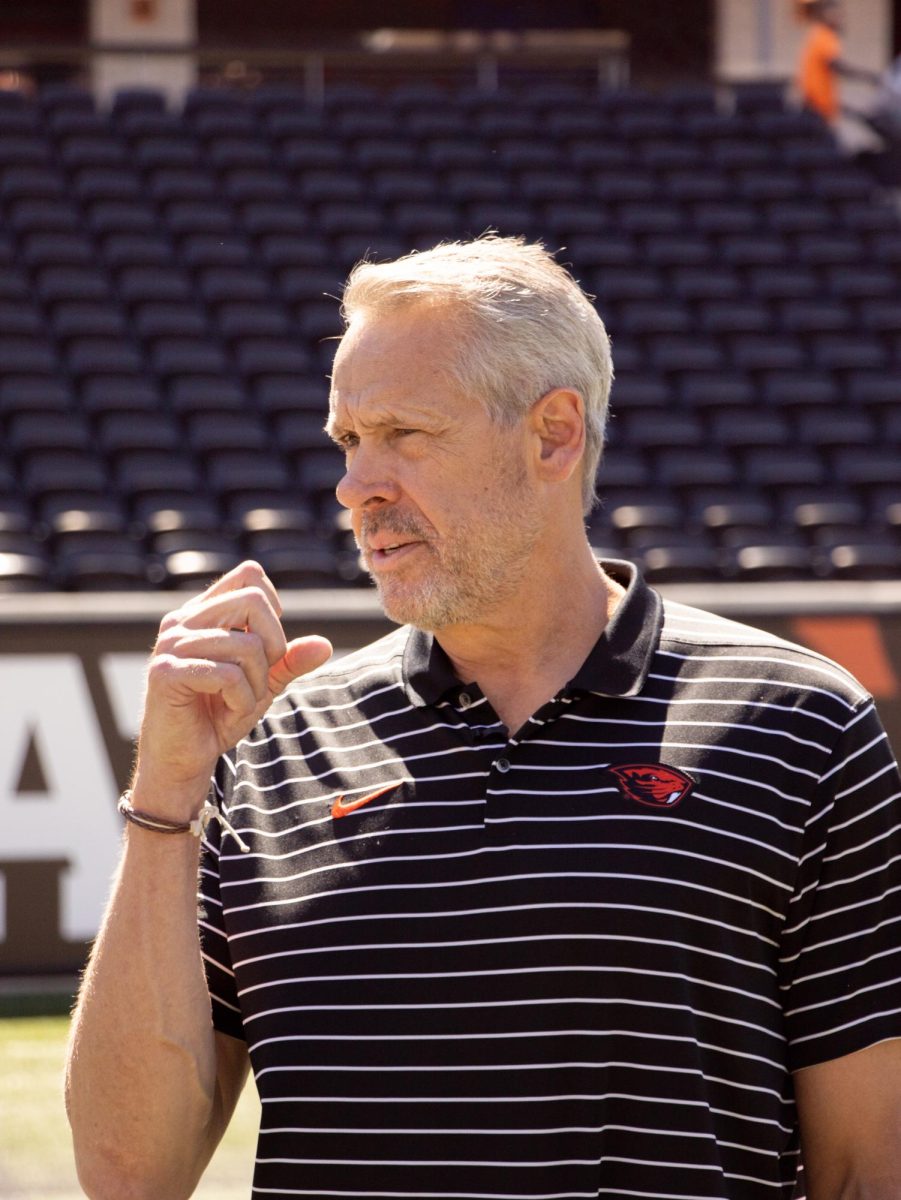 Oregon State Vice President and Athletic Director Scott Barnes speaks to the media about the newly constructed west side of Reser Stadium on August 8, 2023.
