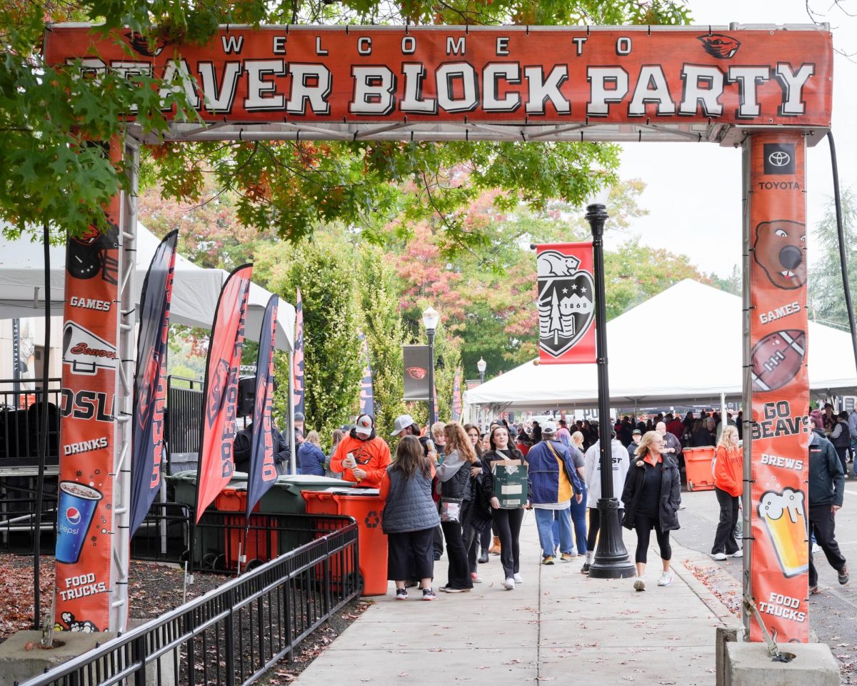 Oregon State students, friends and family celebrate homecoming at the Beaver Block Party in Corvallis on October 14, 2023.
