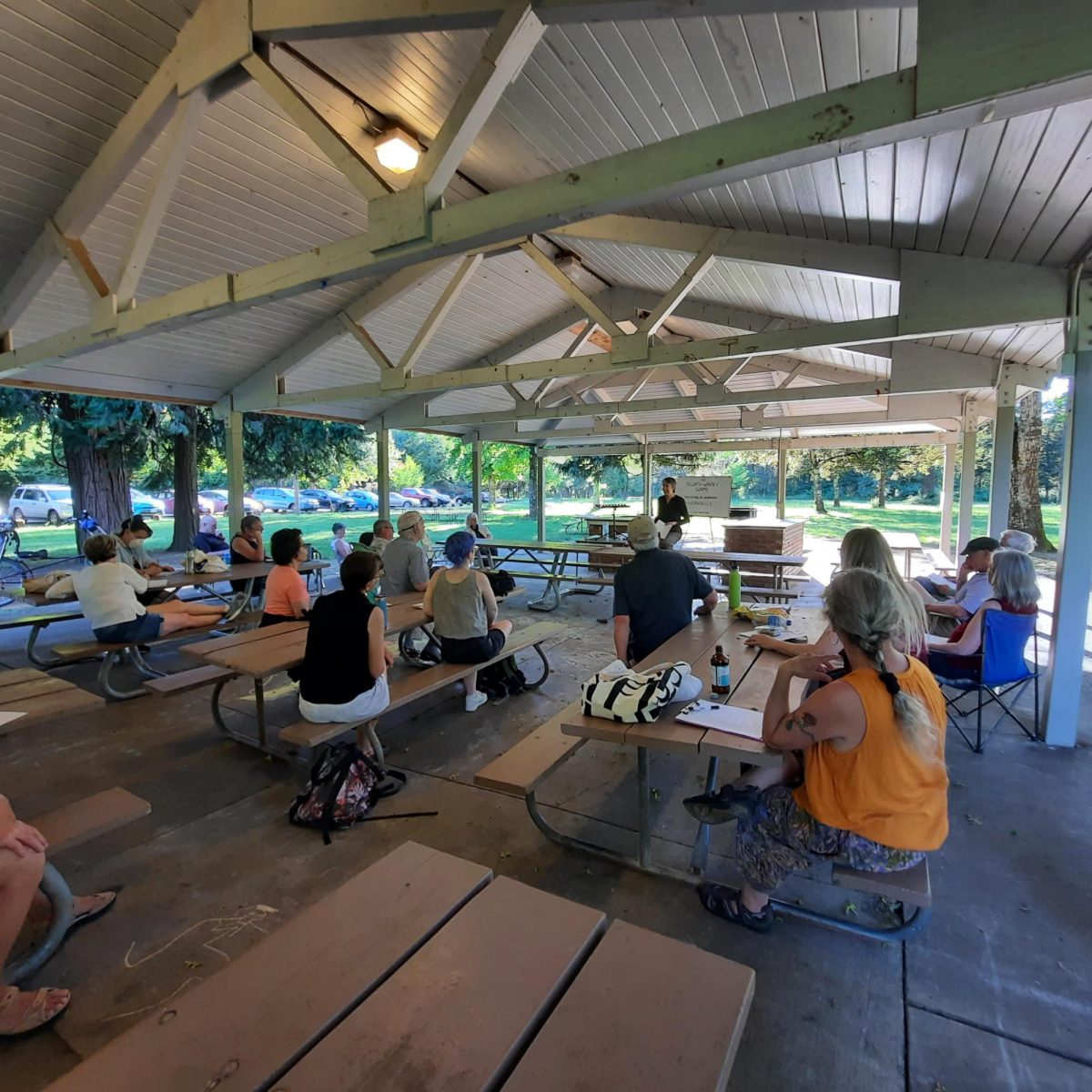 Willamette Writers on the River meet for their monthly meeting to discuss wordplay’s role within writing in Avery Park in Corvallis on June 26, 2023.