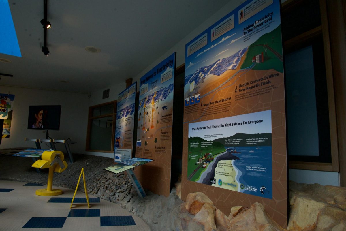 Hatfield Marine Science Center, Newport Or, Oct 15, 2023. The Hatfield visitor center currently does not have an offshore wind exhibit, but they do have a wave power exhibit which is also made stronger by wind.