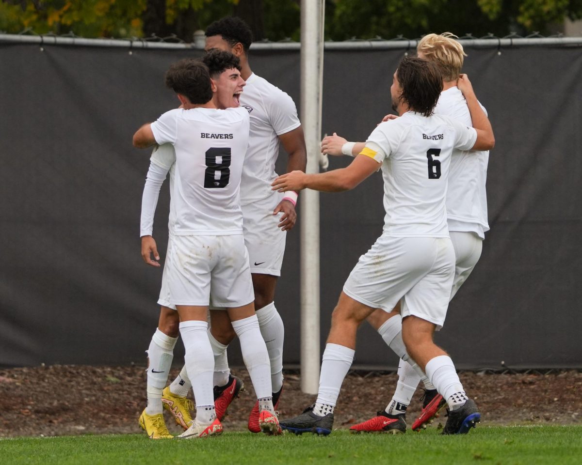 Oregon State sophomore winger Arnau Farnos celebrates with teammates after scoring in the 19th minute during the match against California at Paul Lorenz Field on Oct. 22, 2023. Farnos’ goal was enough to give the Beavers a 1-0 victory over the visiting Golden Bears.
