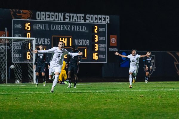 Fran Cortijo (3) runs to the crowd after scoring a game-winning goal in overtime as OSU took on Seattle University on Nov. 16 at Paul Lorenz Field