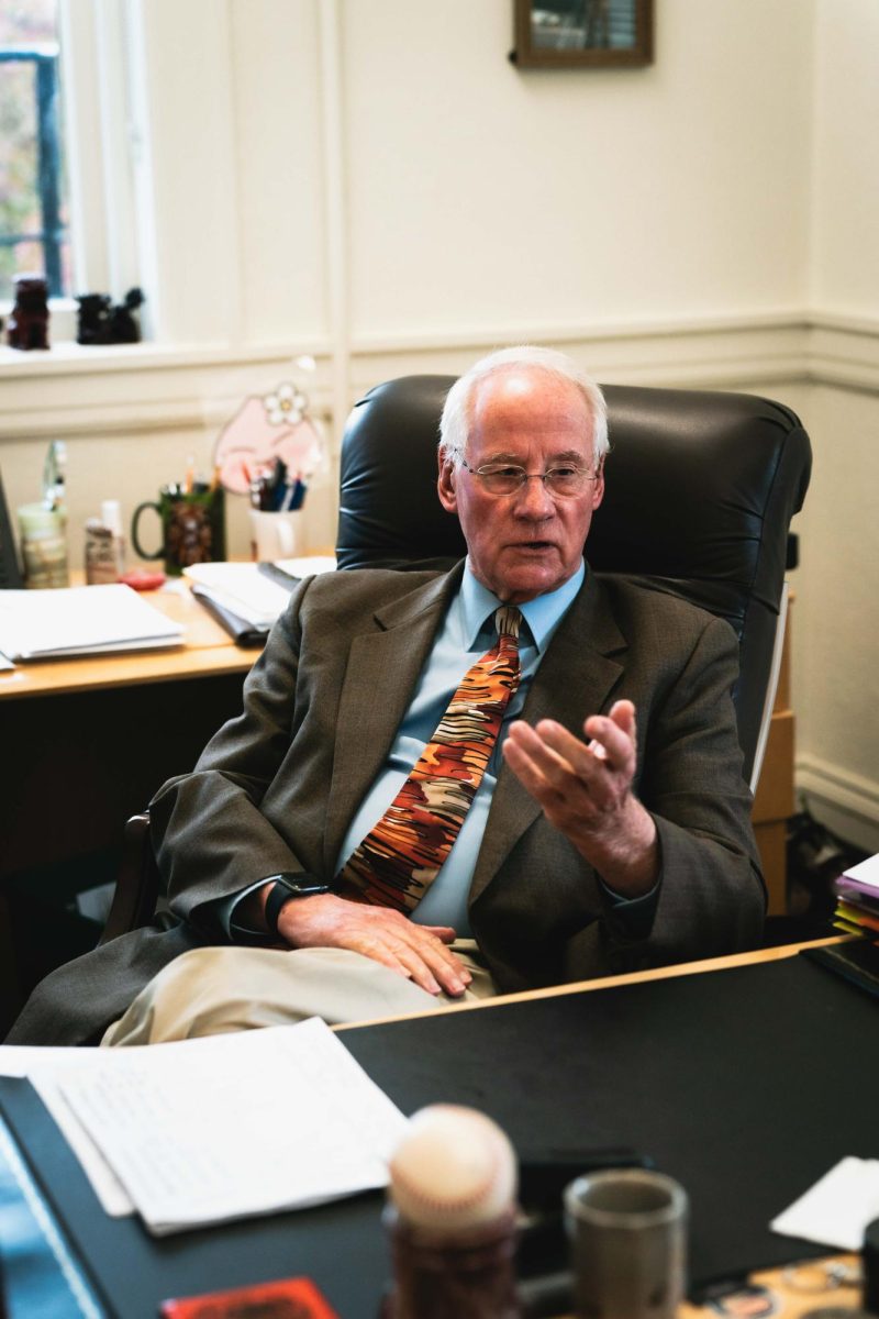 President Emeritus Dr. Ed J. Ray talks about the name change of the annual games played between the University of Oregon and Oregon State University from “The Civil War” to “The Rivalry Series” in his office in Bexell Hall on Oct. 10.