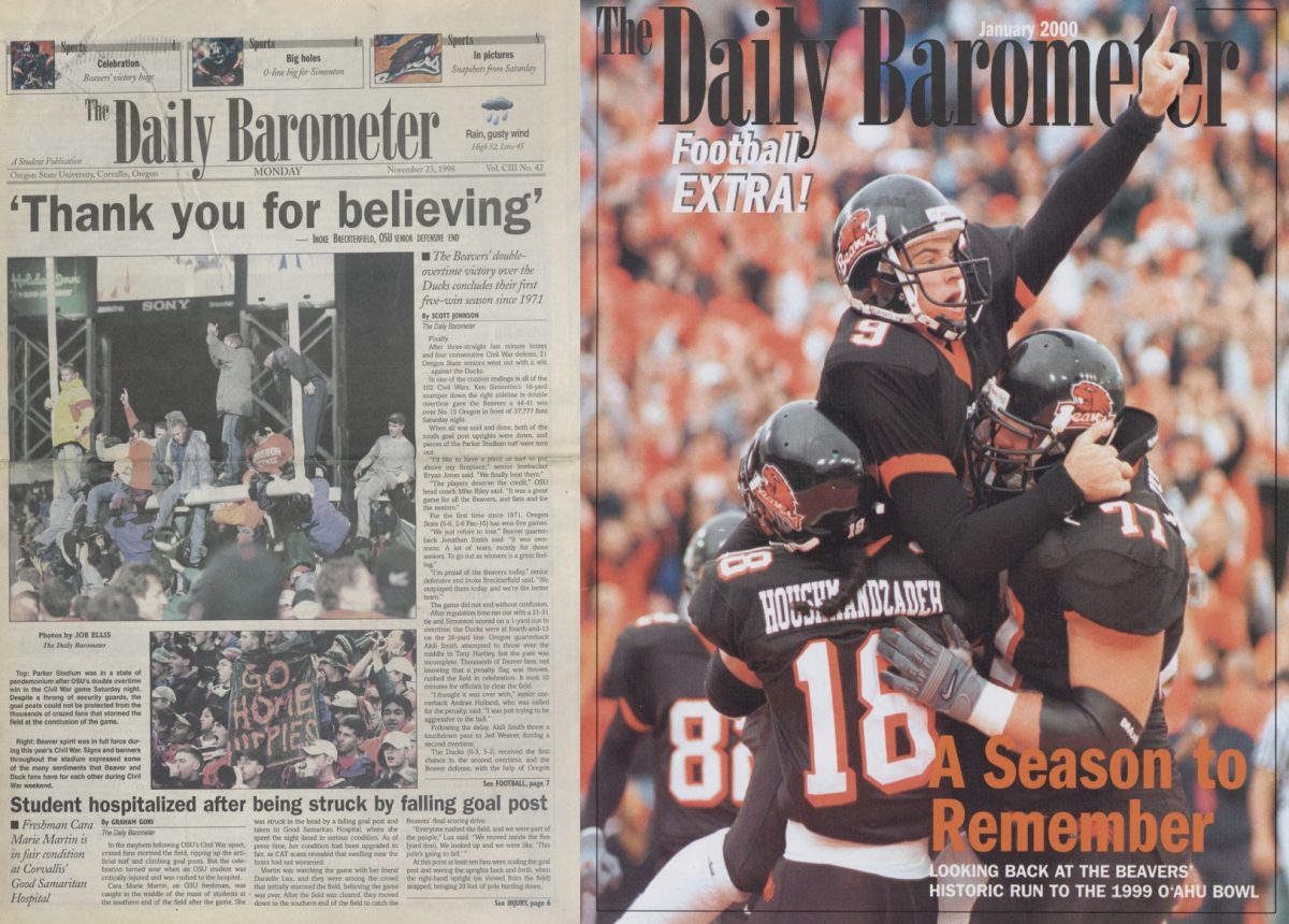 The cover of the Daily Barometer from Nov. 23, 1998 (left) and the cover of the Daily Barometer from Jan. 2000. Barometer Archives.