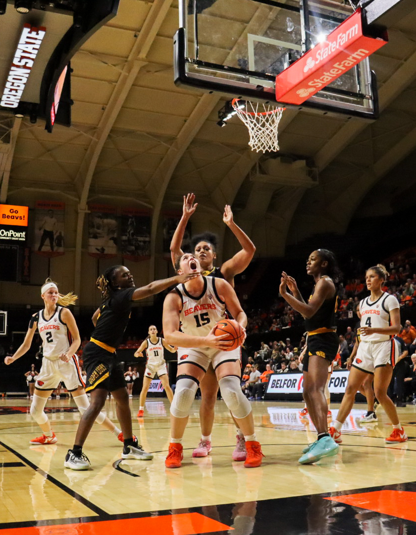 Raegan Beers (#15) boxes out in the low-post before scoring during the Oregon State University basketball game against Arkansas-Pine Bluff in Corvallis, Oregon, on Monday, November 6, 2023.