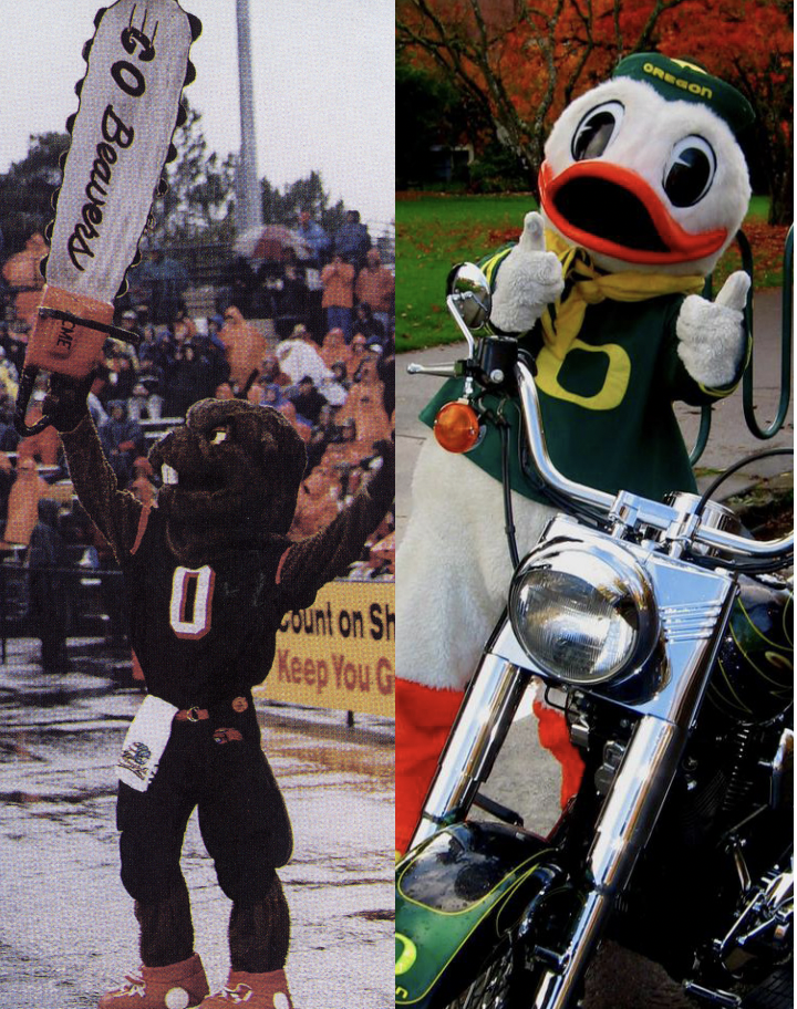 Benny the Beaver (left; 2001) and Puddles the Duck (2009)

OSU SCARC, BENNY-BEAVER-YEARBOOK-2001-20; UO SCUA, O DUCK
