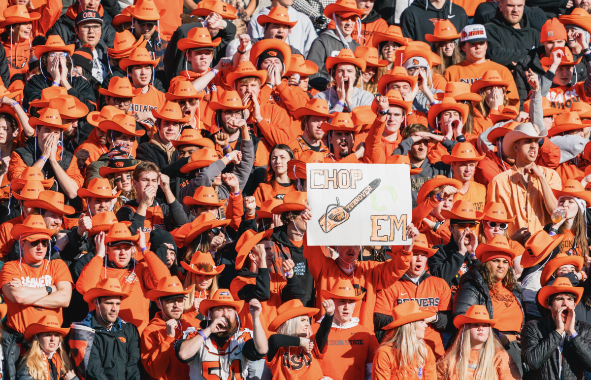 Fans adorned in limited edition Beaver cowboy hats fill the stands at Reser Stadium for the final home matchup against the Oregon Ducks for the foreseeable future on Nov. 26, 2022. 
