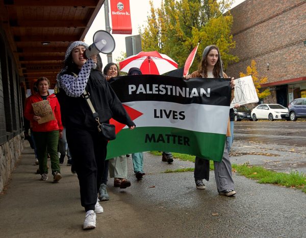 Heba stands outside of the Benton County Courthouse at the “Free Palestine” protest on Saturday, Nov. 4 2023. Heba is a student at OSU advocating for Palestinian rights.