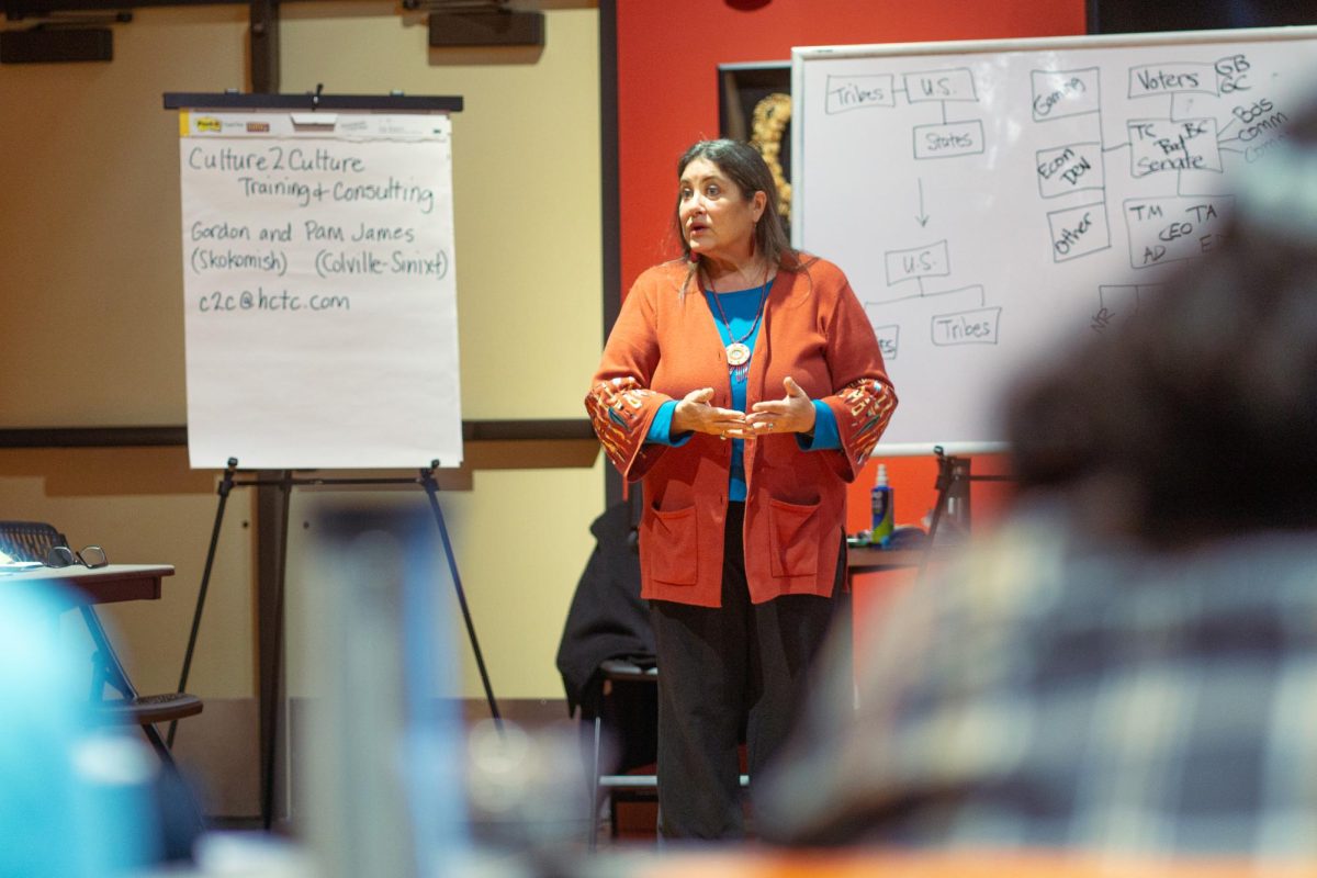 Pam James giving a presentation on the relations between tribal governments and the federal government during a workshop at the Kaku-Ixt Mana Ina Haws on Nov. 21.