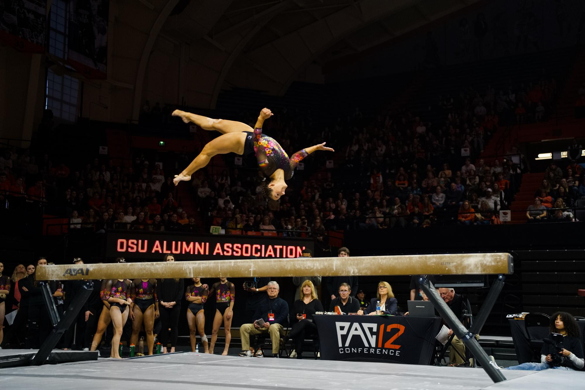 Sophia Esposito competes on beam at the Oregon State University v. Brown gymnastics meet at Gill Coliseum on January 21, 2024. She scored a 9.900.
