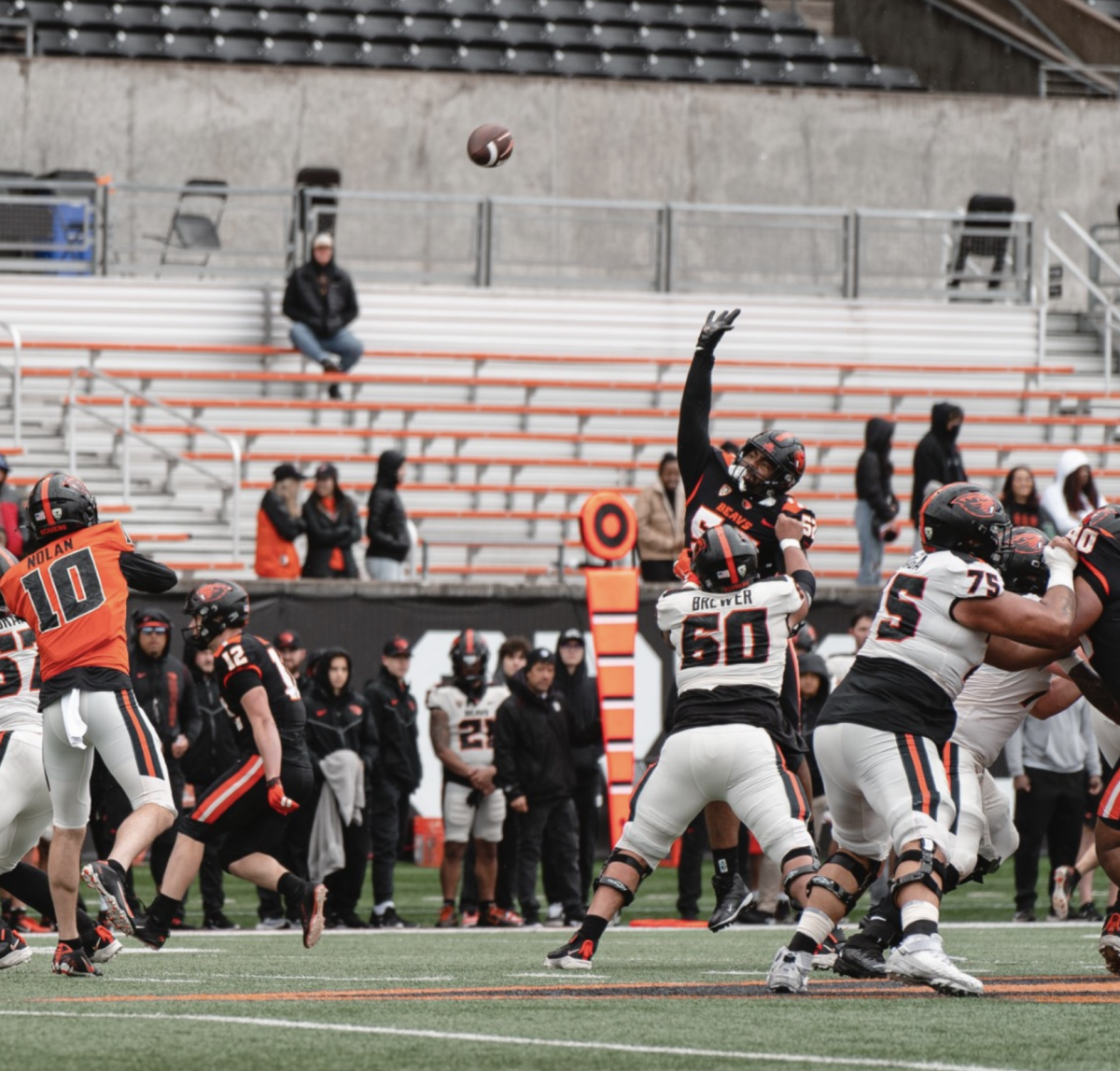 Oregon State ofensive lineman Marco Brewer blocks for Chance Nolan in the Spring Game on Apr. 16, 2022.