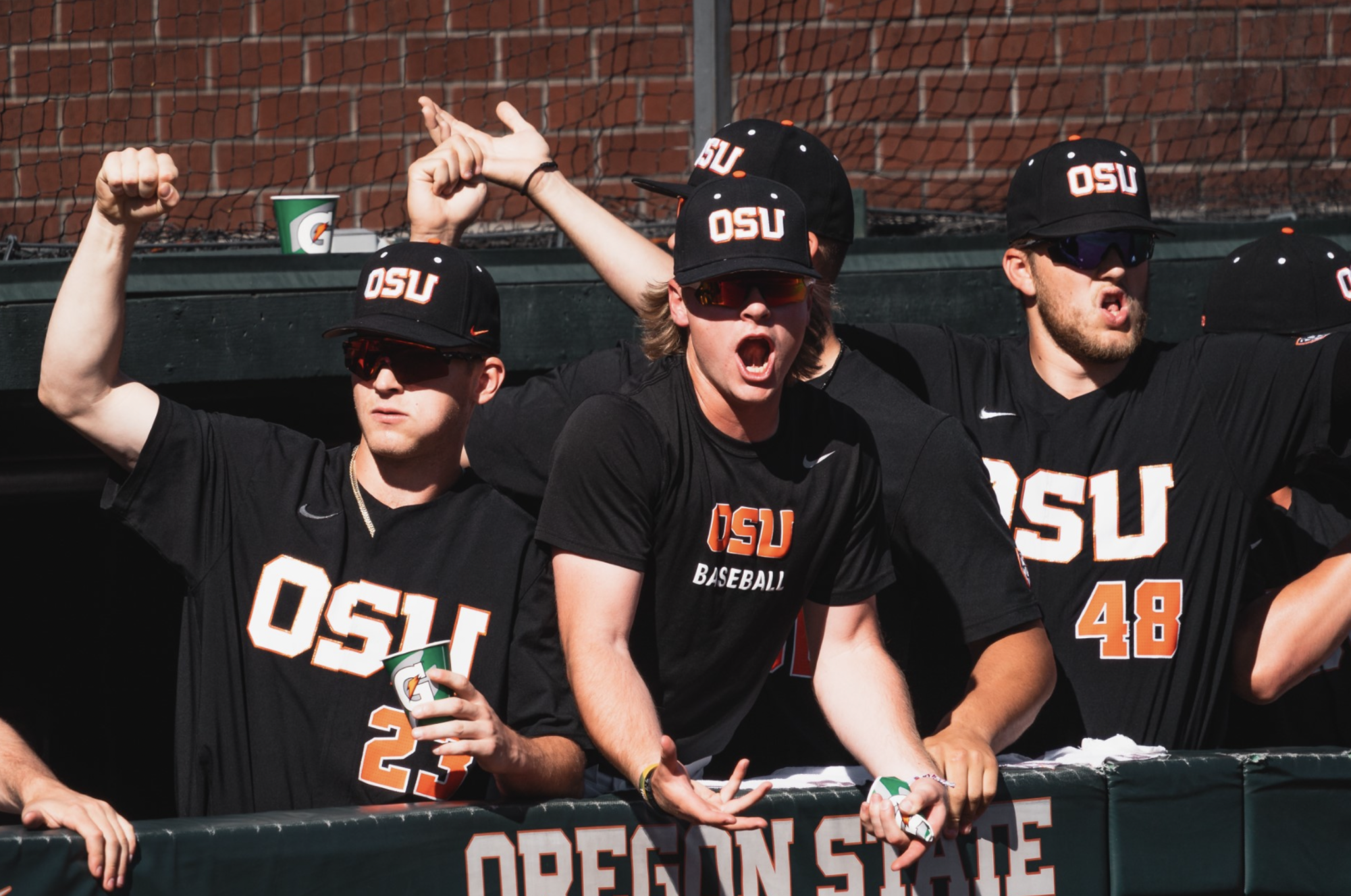 The Oregon State bench cheers on the team against the Arizona Wildcats at Goss Stadium in Corvallis on Saturday. The Beavers won the second game of the series, 10-4.