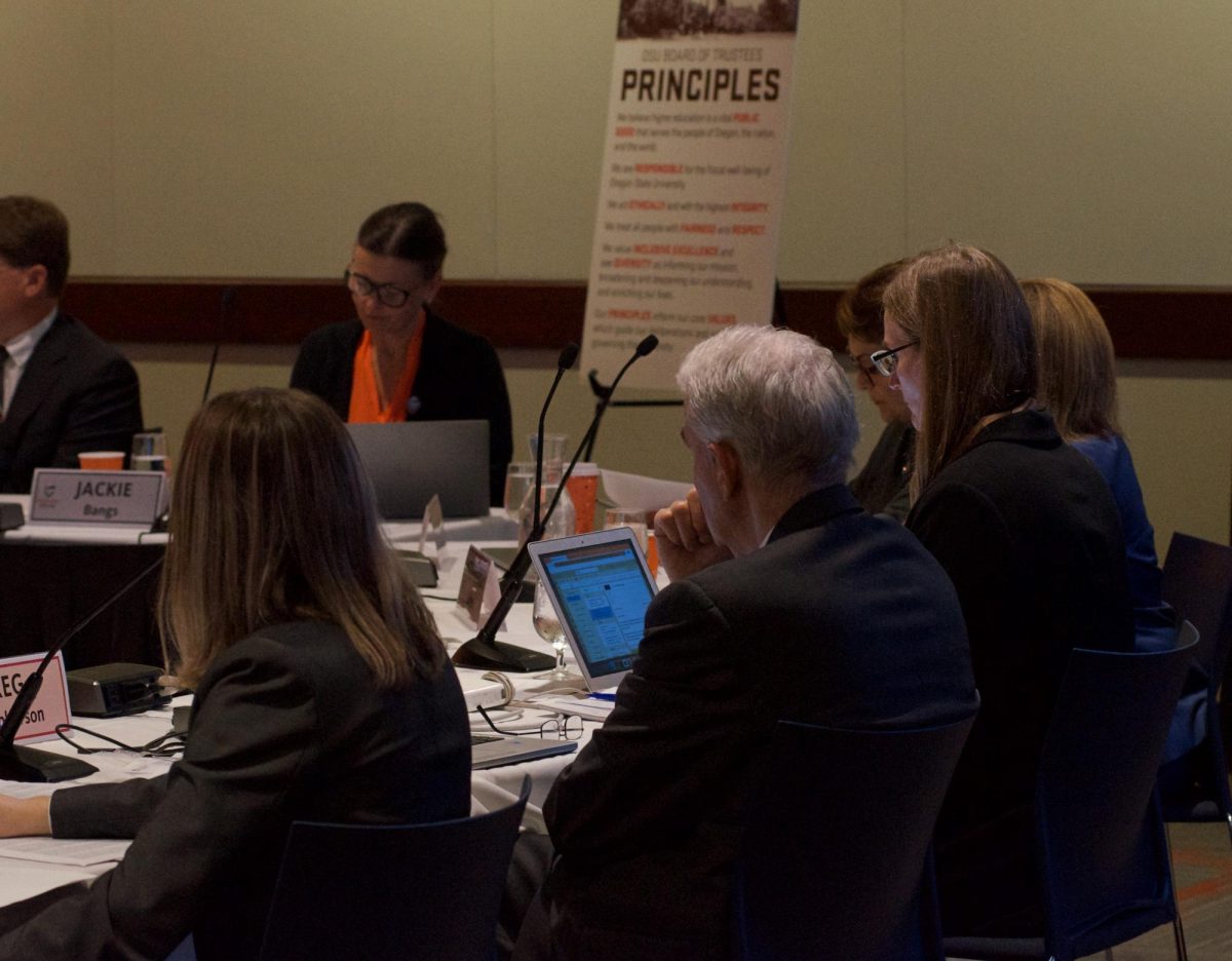 Members of the Oregon State University Board of Trustees during a meeting on Friday, Oct. 20 2023, in the Memorial Union Horizons Room.