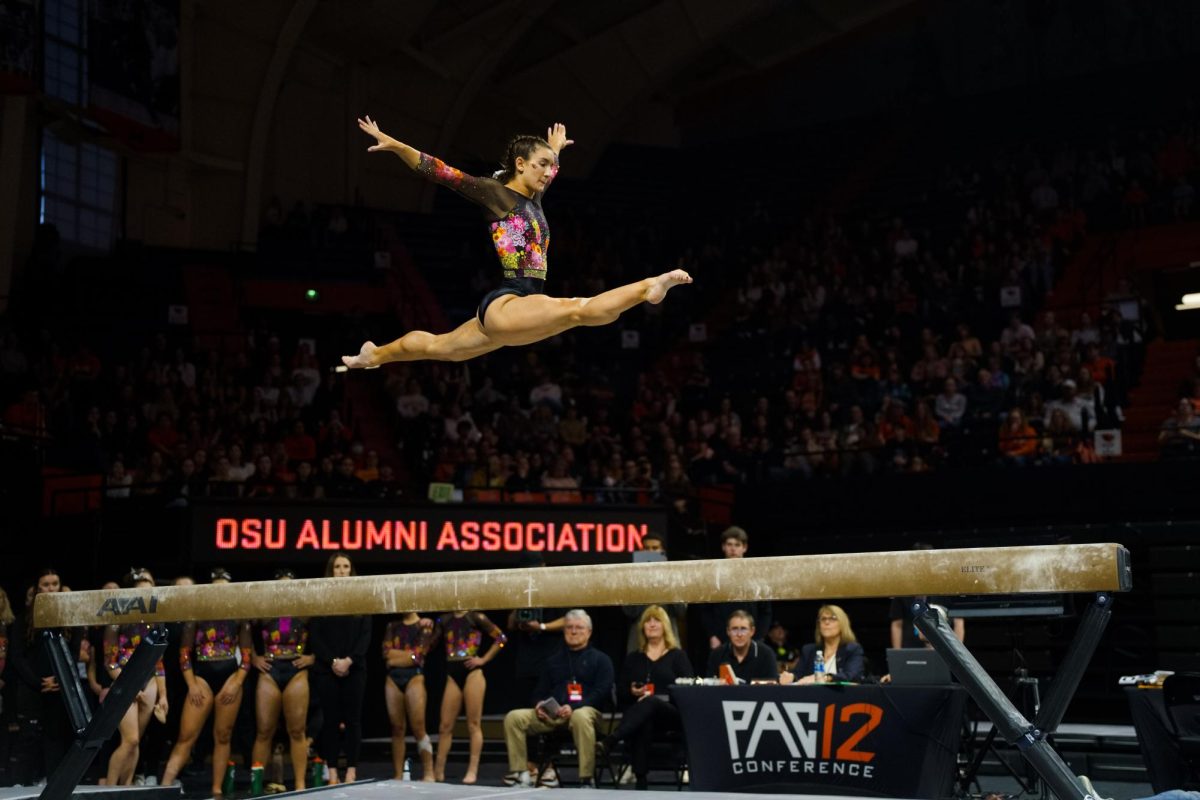Sophia Esposito competes beam at the Oregon State University v. Brown gymnastics meet at Gill Coliseum on Jan. 21, 2024. She scored a 9.900.
