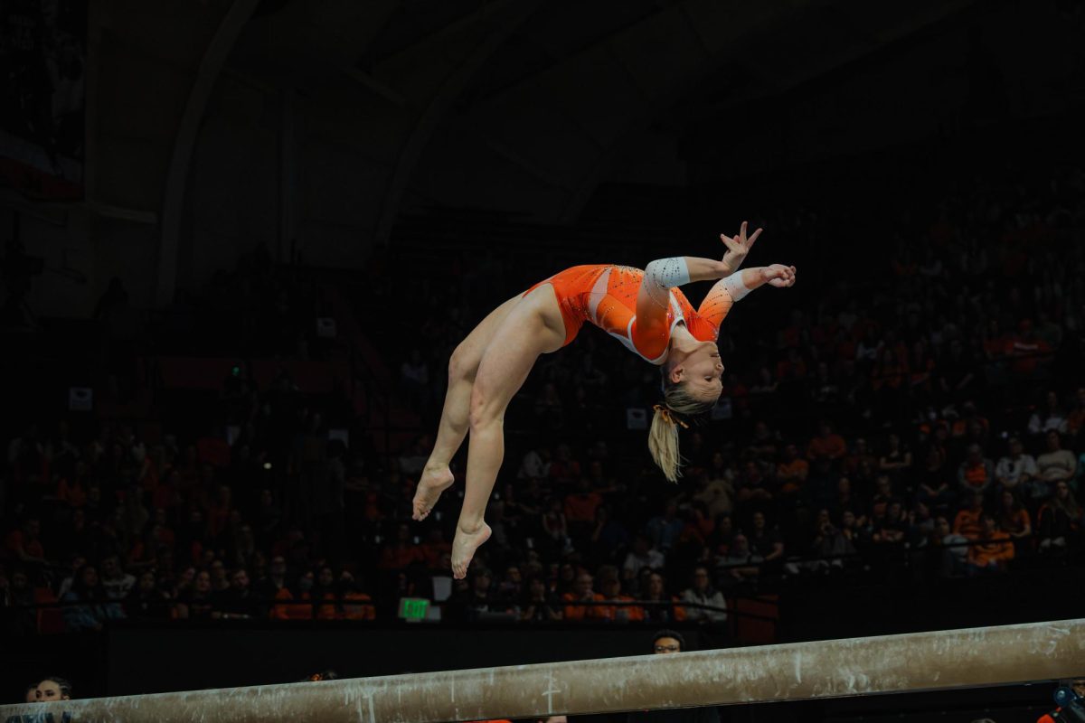 On the third rotation of the night, Jade Carey scores a 9.9 on Beam in Gill Coliseum on Feb. 9, 2024 
